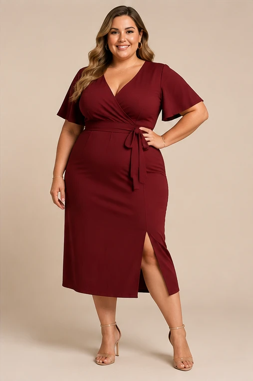 Modelo de moda com vestido vinho, exibida de corpo inteiro