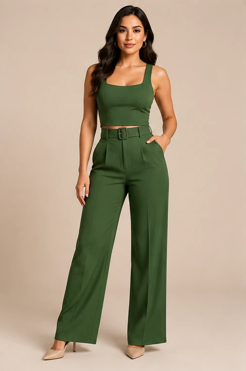 Modelo de moda com conjunto verde, exibida de corpo inteiro